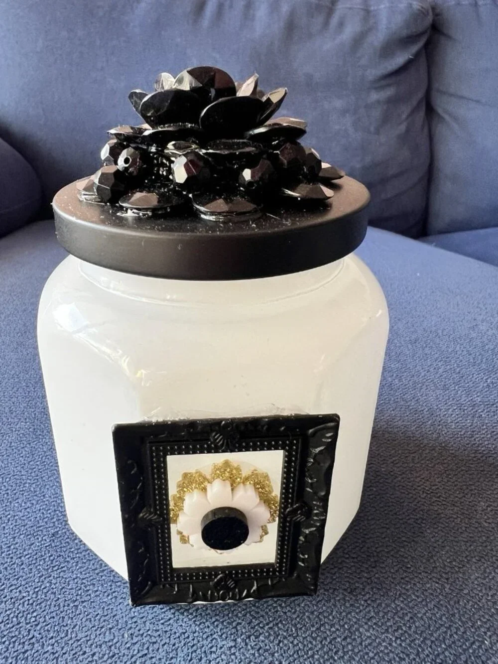 White Milk Glass Vanity Jar One-Of-A-Kind Black Gold Handcrafted 6